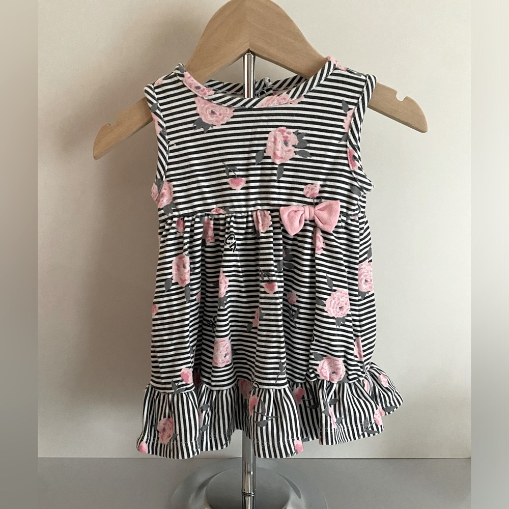 Calvin Klein Baby Dress Black & White Striped with Pink Roses and Bow 6-9 Months
